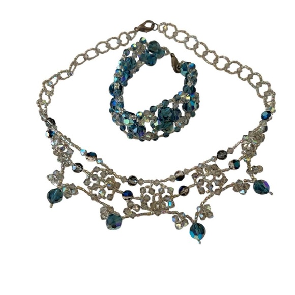 Vintage faceted teal & gray Aurora borealis beads choker necklace bracelet set - Picture 1 of 10
